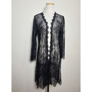 Sheer Black Lace Duster Cardigan M Boho Festival Whimsigoth Witchy Fairy Grunge